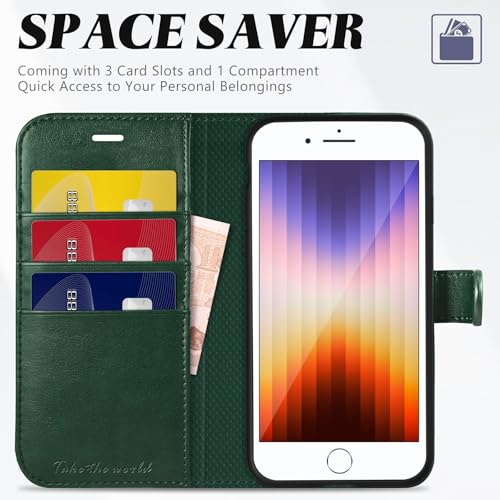 TUCCH Case Wallet for iPhone SE 2022/SE 2020/iPhone 8/7, Midnight Green | 3 Card Holders, Kickstand, PU Leather, Shockproof TPU Shell, Magnetic Closure, Protective Folio Cover - color: Midnight Green