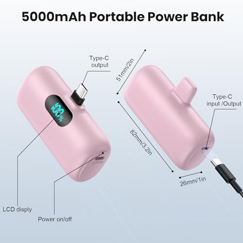 [2-Pack] Mini Portable Charger USB C Power Bank,Upgraded 5000mAh PD Fast Charging Battery Pack Built-in USB-C Connector Travel Essential for iPhone17/17Pro/17Pro Max/Air/16 Plus/16Pro Max/15 Series - color: Pink+Pink