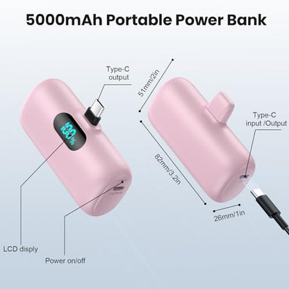 [2-Pack] Mini Portable Charger USB C Power Bank,Upgraded 5000mAh PD Fast Charging Battery Pack Built-in USB-C Connector Travel Essential for iPhone17/17Pro/17Pro Max/Air/16 Plus/16Pro Max/15 Series - color: Pink+Pink