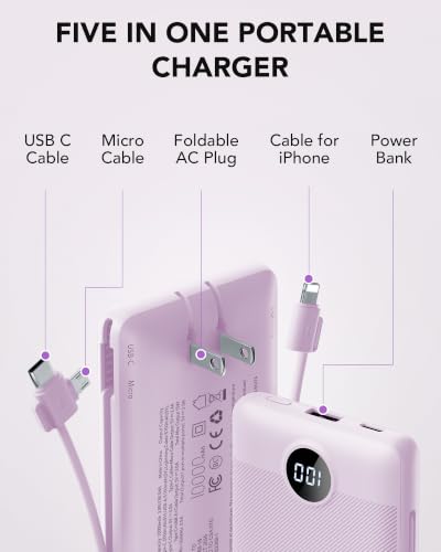 VRURC Portable Charger, Power Bank Built-in Cables and AC Wall Plug - color: Purple