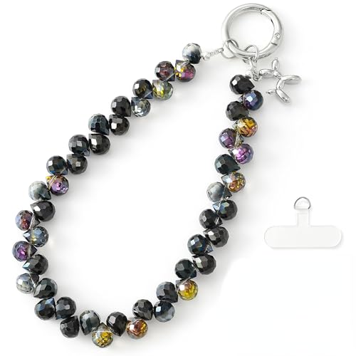richginker Crystal Beaded Phone Wrist Strap with Tether Tab, Black - color: Black
