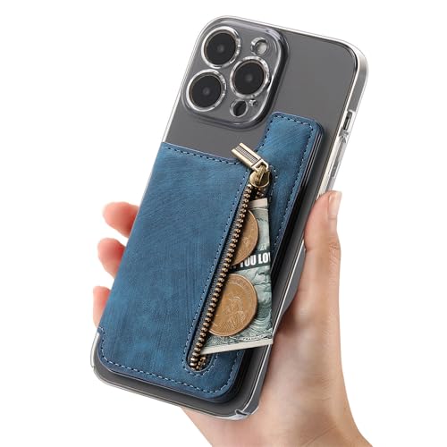 Wallet Stick on Phone Case, Credit Card Holder for Back of Phone Cases Retro Flip Leather Zipper Sleeve Pouch Compatible with iPhone, Samsung Galaxy Android Most Smartphones Blue - color: Blue