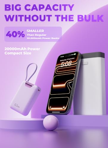 M2 Portable Charger, 20000mAh Power Bank, PD 35W Ultra Fast USB-C Built-in Cable, Compact Cute Mini External Battery Pack for iPhone, Samsung, Android iPad (Purple) - color: Purple