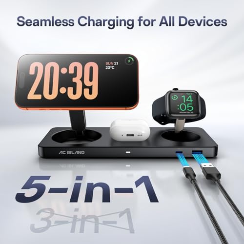 AC ISLAND 5-in-1 Wireless Charger for MagSafe, 25W Foldable Magnetic Stand - color: Black