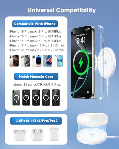 Magnetic Wireless Magsafe Charger iPhone: Charging Pad for iPhone 17/16/15/14/13/12 Series & AirPods Pro 4-2, Strong Magnet, Dual Ports, Case-Friendly, Lightweight for Travel Home Office Desk