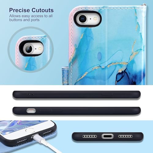 ULAK for iPhone SE 3(2022)/SE(2020)/8/7 Wallet Case Card Holder, Marble | Premium PU Leather Flip Case with Kickstand Card Slots,RFID Blocking,Wrist Strap, Durable Shockproof Cover 4.7 Inch - color: Marble Abstract