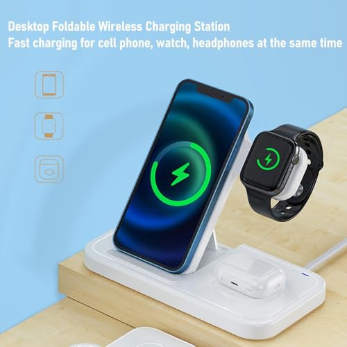 Foldable 4 in 1 Wireless Charging Station 15W, Phone Charger Stand for Desk with Watch & Earbuds Dock, Portable Fast Charger for Travel