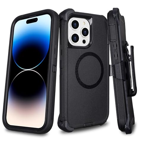 Defender for iPhone 14 Pro Max Magnetic Case with Belt Clip Holster, Black | Compatible with MagSafe, Heavy Duty Rugged Shockproof Anti-Drop Full Body Protective Case for iPhone 14 Pro Max, 6.7 Inch - color: Black