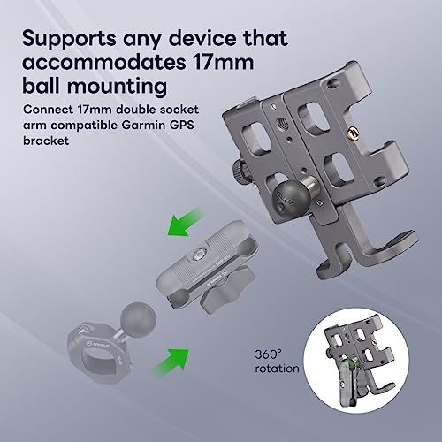FANAUE Motorcycle Phone Holder with 17mm Ball Head, Aluminum Handlebar Mount for Garmin GPS 17mm Double Socket Arm, Fits 5.5‑7" Smartphones