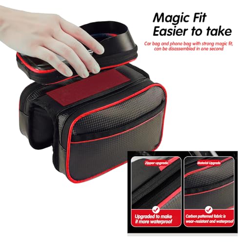 Bicycle Front Frame Bag with Touchscreen Phone Holder, Waterproof, Carbon Patterned Fabric, Top Tube Cycling Pouch(Upgrade Red) - color: Upgrade Red