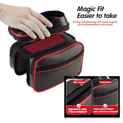 Bicycle Front Frame Bag with Touchscreen Phone Holder, Waterproof, Carbon Patterned Fabric, Top Tube Cycling Pouch(Upgrade Red) - color: Upgrade Red