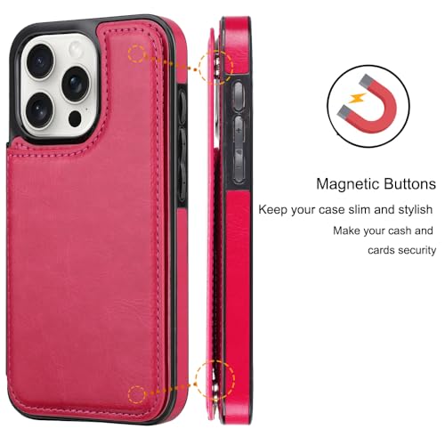 Compatible with iPhone 15 Pro Max 6.7” Wallet Case +1 Screen Protector, Slim Protective case with Card Holder, PU Leather Kickstand Card Slots Case -Rose Red - color: Rose Red