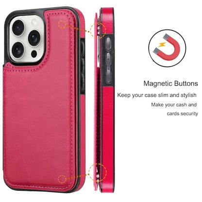 Compatible with iPhone 15 Pro Max 6.7” Wallet Case +1 Screen Protector, Slim Protective case with Card Holder, PU Leather Kickstand Card Slots Case -Rose Red - color: Rose Red