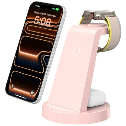 Anlmz 3 in 1 Charging Station - Wireless Charger for Apple Multiple Devices - color: Pink