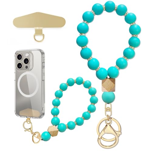 Silicone Beaded Phone Wrist Strap, Phone Bracelet Strap with Tether Tab Elastic Hands Free Wristlet Strap - color: Turquoise