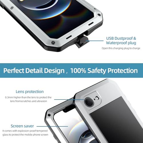 for iPhone 16E Metal Case,Heavy Duty Shockproof Aluminum Alloy Tough Armour Military Grade Phone Case for iPhone 17E,Full Body Protective Cover with Silicone Built-in Screen Protector-Silver - color: Silver