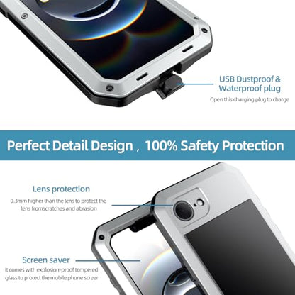 for iPhone 16E Metal Case,Heavy Duty Shockproof Aluminum Alloy Tough Armour Military Grade Phone Case for iPhone 17E,Full Body Protective Cover with Silicone Built-in Screen Protector-Silver - color: Silver