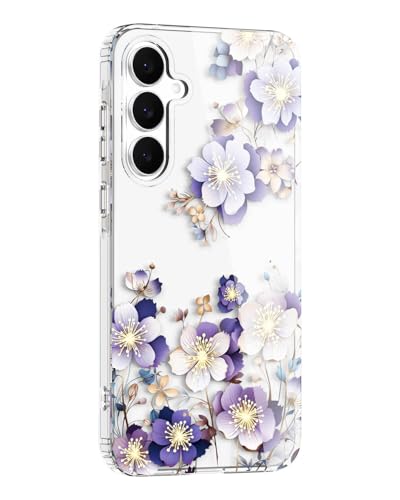 Flower Clear Case for Samsung S25 FE, Stylish & Durability Floral Pattern Cover, TPU Bumper Shockproof + PC Protective, Cute, Slim & Lightweight for Galaxy S25 FE Case (Purple) - color: Purple, size: for Galaxy S25 FE 6.7 Inch