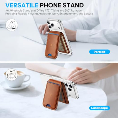 SHIELDON Genuine Leather Magnetic Wallet Stand for MagSafe, Retro Brown | Strong Magnetic, Card Holder, Kickstand, Angle Adjustment, Rfid Blocking, for iPhone 17/16/15/14/13/12 Series & Magnet Case - color: Brown - Retro