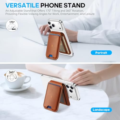 SHIELDON Genuine Leather Magnetic Wallet Stand for MagSafe, Retro Brown | Strong Magnetic, Card Holder, Kickstand, Angle Adjustment, Rfid Blocking, for iPhone 17/16/15/14/13/12 Series & Magnet Case - color: Brown - Retro