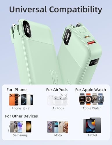 RORRY Portable Charger 3 in 1 with Wall Plug 10000mAh Power Bank for iPhone - color: Green