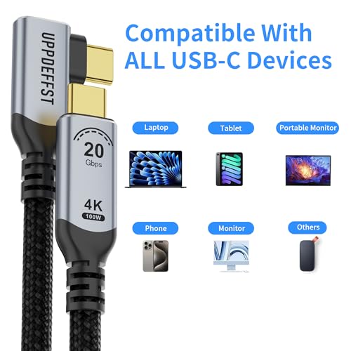 Long 16.5FT Right Angle USB C-C 3.2 Gen 2x2,20Gbps Data Transfer Cable Compatible with Thunderbolt 3,90 Degree USB-C to C Cord 100W Fast Charging,4K@120Hz Output Monitor,SSD,Docking. - size: 16.5FT