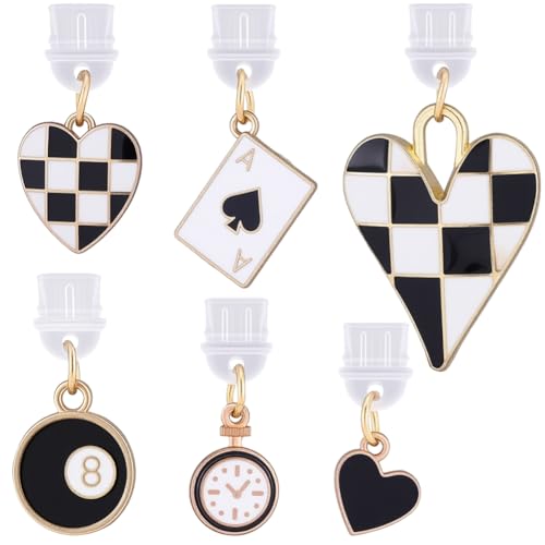 SUNNYCLUE 6 Styles Enamel Dust Plug Charm Type C Dust Plug Charms Bulk Black White Plastic Heart Card Ball Bell Protector Charging Port Pendant for Phone Earphone Caps Women Pad Crafting DIY Supplies - style: Style 4