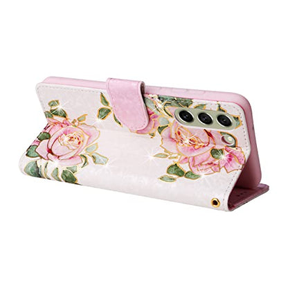 UEEBAI Wallet Case for Samsung Galaxy S22 5G, PU Leather Phone Case Kickstand RFID Blocking Flip Case Card Slots Wrist Strap Relief Engraved Pattern Magnetic Closure Flower Folio Case, White Rose - color: White Rose, size: Samsung Galaxy S22 5G