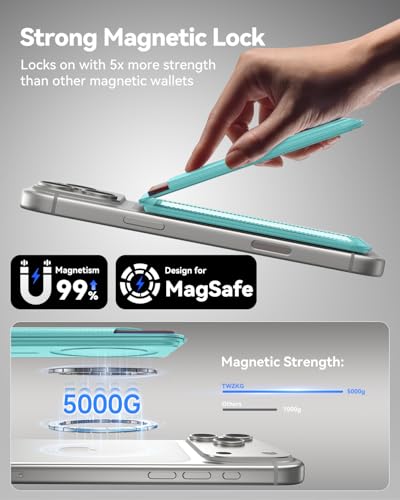 TWZKG for MagSafe Wallet, 5 Cards Holder with Stand, Magnetic Phone Wallet Stand for iPhone 17/16/15/14/13/12 Pro Max Air Plus Series, RFID Blocking Vegan Leather,Cyan Blue - color: Cyan Blue