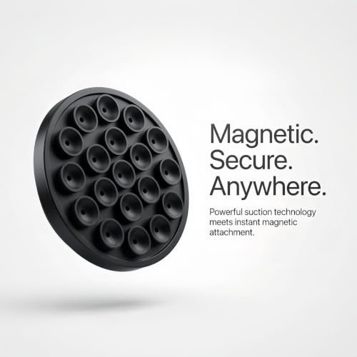 Magnetic Suction Phone Mount - Black Silicone Holder with Strong Suction for iPhone & Android - Versatile Use on Mirror, Glass, Car & Gym