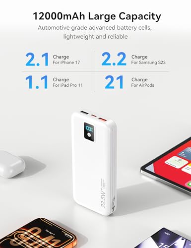 Portable Charger 12000mAh 22.5W w/Built-in Cable & Wall Plug White - color: White
