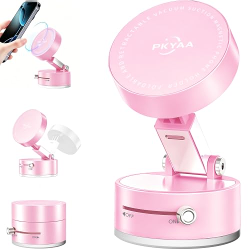 PKYAA 2026 Upgraded Foldable and Retractable Magnetic Mount, Vacuum Suction Magnetic Phone Holder, A Movable Vacuum Suction Cup Car Phone Stand for Cars/Gyms/Mirrors/Smooth Surface (Pink) - color: Pink