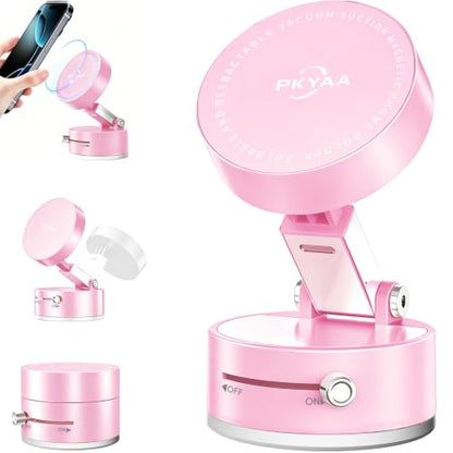 PKYAA 2026 Upgraded Foldable and Retractable Magnetic Mount, Vacuum Suction Magnetic Phone Holder, A Movable Vacuum Suction Cup Car Phone Stand for Cars/Gyms/Mirrors/Smooth Surface (Pink) - color: Pink