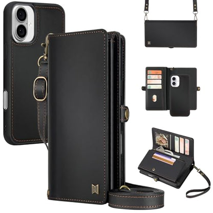 for Wallet Case Compatible with iPhone 16,Multi-Function Detachable 2 in 1 Magnetic iPhone 16 Case Wallet,Flip Strap Zipper Card Holder Phone Case with Shoulder Straps (Black) - color: Black, size: iPhone 16