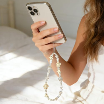 Cute Beaded Camera Wrist Strap for Phone, Digital Camera Charm Lanyard, Pearl Beaded Chain for Bag Keychain Gift - color: White Turtle
