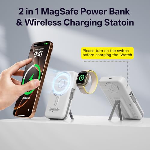 Magnetic Portable Charger Built-in Cables,10000mAh Fast Charging Wireless Charger Station External Battery Pack Slim Pocket Size Power Bank with Stand Compatible with iWatch, iPhone - color: White