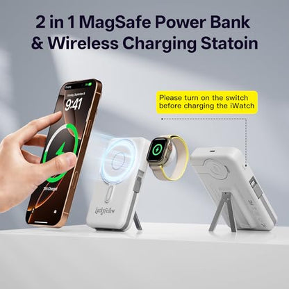 Magnetic Portable Charger Built-in Cables,10000mAh Fast Charging Wireless Charger Station External Battery Pack Slim Pocket Size Power Bank with Stand Compatible with iWatch, iPhone - color: White