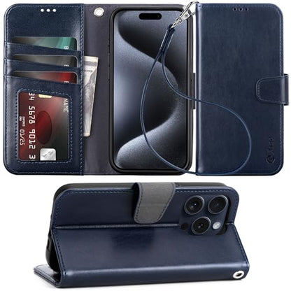 Arae Compatible with iPhone 15 Pro Case with Card Holder and Wrist Strap Wallet Flip Cover for iPhone 15 Pro 6.1 inch,Blue - color: Blue, size: iPhone 15 Pro 6.1 inch