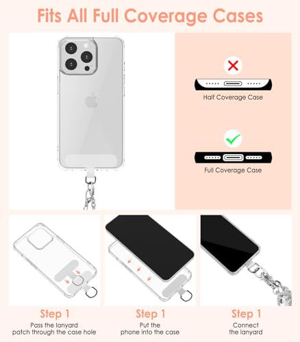 MoKo Metal Phone Crossbody Chain Lanyard with Wrist Strap and 2 Patches - color: Bright Silver