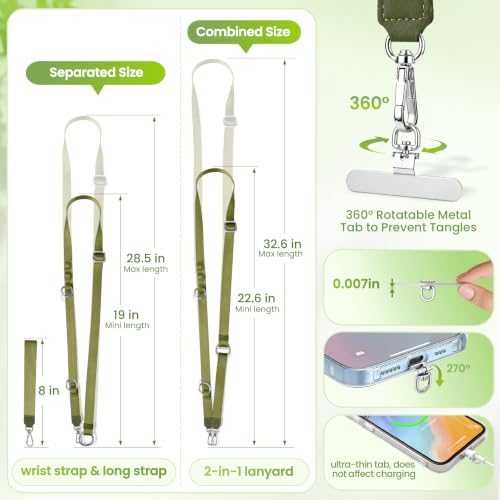 takyu Multifunctional Phone Lanyard, 3 in 1 Cell Phone Detachable Adjustable Crossbody Strap & Neck Lanyard & Wrist Lanyard with 2x Tether Tab for Most Smartphones, Outdoor Travel Essential Green - color: Greenx1
