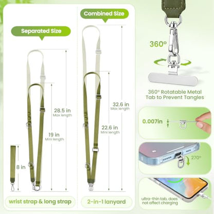 takyu Multifunctional Phone Lanyard, 3 in 1 Cell Phone Detachable Adjustable Crossbody Strap & Neck Lanyard & Wrist Lanyard with 2x Tether Tab for Most Smartphones, Outdoor Travel Essential Green - color: Greenx1