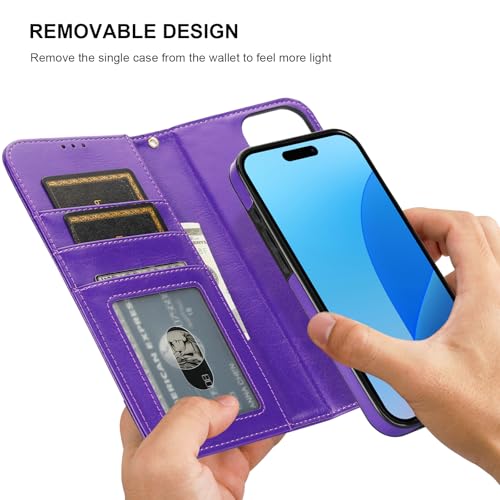 Bocasal Detachable Wallet Case Card Holder for iPhone 16 Pro Max Purple | RFID Blocking Kickstand Card Slots Holder PU Leather Magnetic Shockproof Wrist Strap Removable Flip Protective Cover 6.9 inch - color: Purple