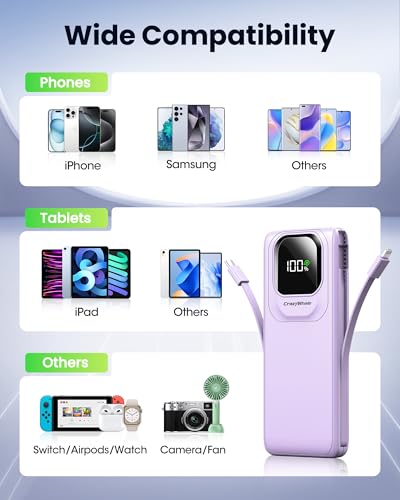 Portable Charger with Built-in Cables,22.5W Super Fast Charging Power Bank Slim Phone Charger,10000mAh Travel Battery Pack Battery Bank with Smart LED Display for iPhone, Android & USB-C (Purple) - color: Purple
