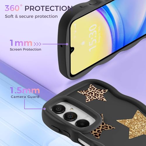 for Galaxy A15 Phone Case, Wavy Soft TPU, Black-Leopard Star | Wavy Frame Design, Soft Slim TPU, Full Camera Lens Protection, Shockproof Phone Cover - color: Black-Leopard Star, size: Samsung A15