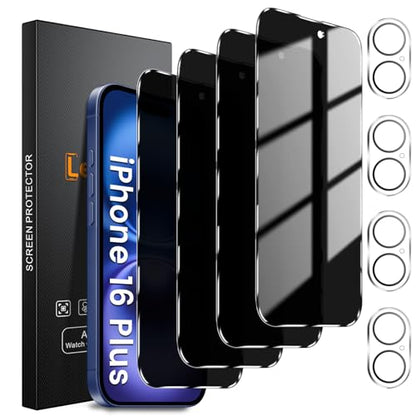 Lesakit 4+4 Pack Privacy Screen Protector for iPhone 16 Plus 6.7-Inch with 4 Pack Camera Lens Protector, Anti Spy Tempered Glass Film 9H Hardness Case Friendly - size: iPhone 16 Plus