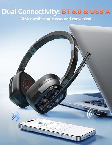 TECKNET Wireless Headset with Mic for Work, V6.0 Bluetooth Headset with AI Noise-Cancelling Microphone & USB-A Dongle, 50H Playtime & Mute, On-Ear Headphones for PC, Laptop, Phone, Office & Trucker