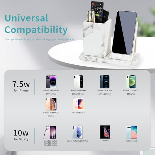 Wireless Charger with Desk Organizer, Wireless Charging Station for iPhone 13/13 Pro Max/13 Pro/12 Series/11/XS Max/XR/X/8Plus/SE 2, Wireless Charging Stand with Leather… (Marble) - color: Marble
