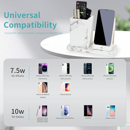 Wireless Charger with Desk Organizer, Wireless Charging Station for iPhone 13/13 Pro Max/13 Pro/12 Series/11/XS Max/XR/X/8Plus/SE 2, Wireless Charging Stand with Leather… (Marble) - color: Marble