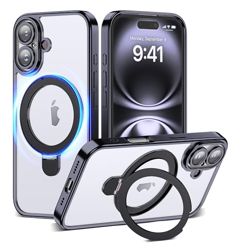 Compatible with iPhone 16 Case with Magnetic Ring Stand [Camera Len Protectors][Compatible with Mag-Safe] Clear Plating Phone Case for iPhone 16 6.1",Black - color: Black, size: iPhone 16