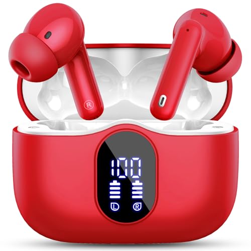 Wireless Earbuds, Bluetooth 5.4 Headphones Bass Stereo/Clear Calls, Red - color: Red
